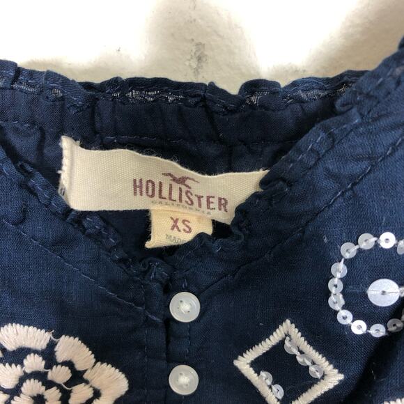 Hollister Top Embellished Sequin Boho Cami Tank Navy Blue Cinch Tie Hem xs - Picture 3 of 8